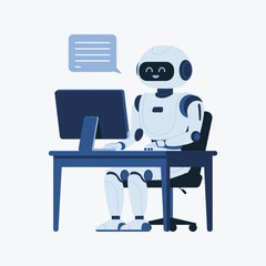 Obraz premium Artificial intelligence robot at work station with technology icons vector illustration