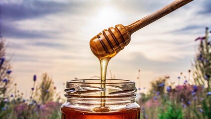Honey drizzled from a wooden dipper into a glass jar surrounded by wildflowers at sunset