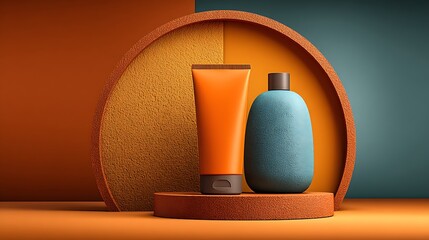 Modern minimalist display of orange tube and blue bottle on textured pedestal