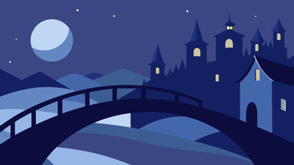 Fototapeta premium Curved Bridge in Magical Town with Moonlight Dreamy Night Scene