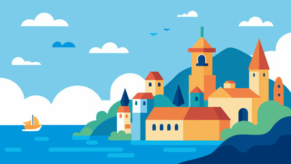 Naklejka premium Peaceful Town by the Sea with Fantasy Buildings Coastal Village Art