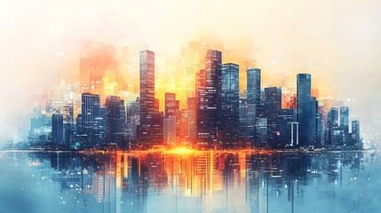 Obraz premium Vibrant Cityscape Skyline Reflecting in Calm Waters at Sunset or Sunrise