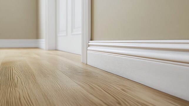 Interior corner detail with light beige walls, white baseboards, and light brown wooden floors