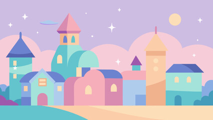 Fototapeta premium A Pastel Cartoon Town is Bathed in Soft and Beautifully Dreamy Magical Lighting