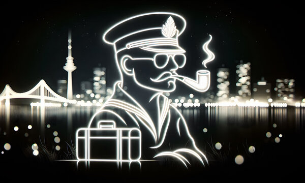 LED Sign, Seemann und Pfeiffe vor einer Hafen-Skyline