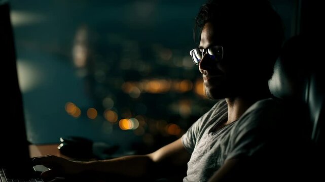 Tech founder working alone at night illuminated by monitor glow