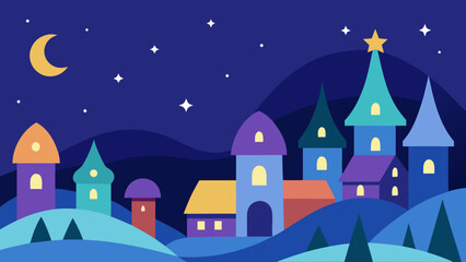 Fototapeta premium Enchanted Town Under a Starry Cartoon Sky Whimsical Night Scene