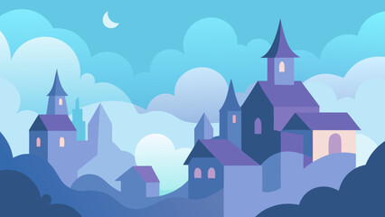 A Misty Enchanted Village is Shrouded in Soft Clouds with Rooftops Peeking Out