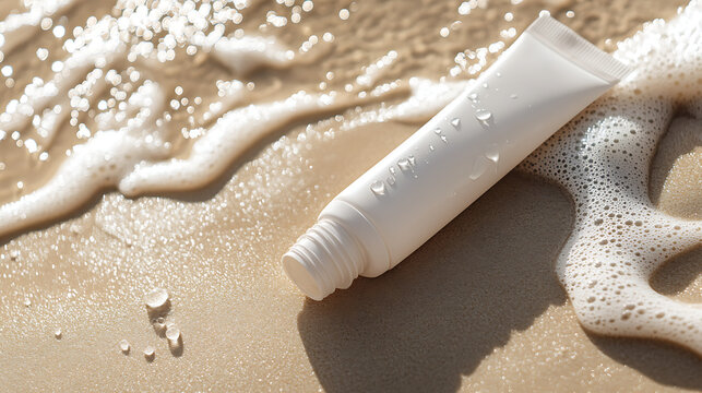 cosmetic tube mockup with water droplets on wet beach sand, tropical humidity vibe, natural glow effect.