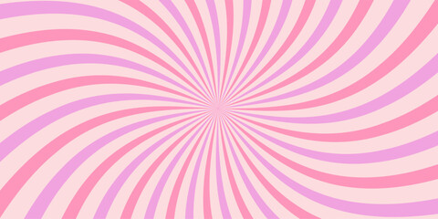 Pink candy color sunburst background with swirling radial stripes. Fun ice cream swirl design. Perfect for sweet themes, party invitations, or kawaii style projects. Vector illustration.