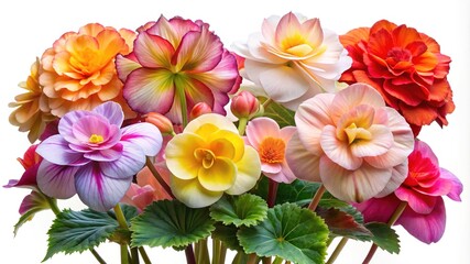 Beautiful bouquet of colorful begonia flowers in full bloom on white background