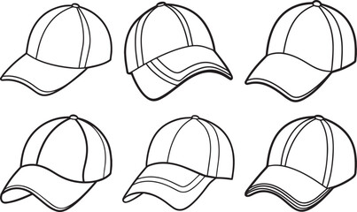 Set of cap outline vector illustration, line art