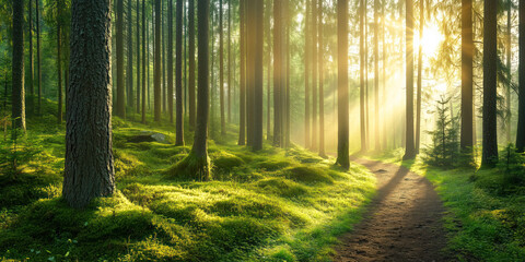 Obraz premium A narrow forest path winding through tall pines and spruce trees. Early morning fog with golden light beams cutting through branches.