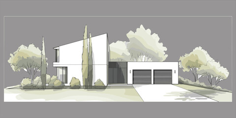 Modern minimalist house exterior, architectural illustration with trees, double garage home, residential building front view, flat vector design for architecture, landscaping, and real estate