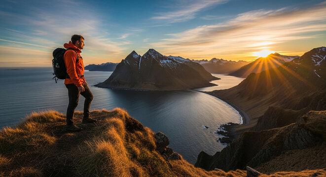 Hiker on mountaintop overlooking sunset ocean vista, dramatic mountainscape, adventure travel concept, scenic landscape photography
