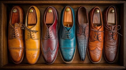 Collection of exquisitely crafted leather men's brogue shoes in a wooden box