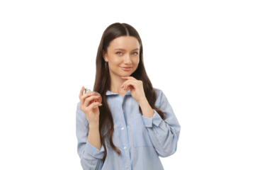 Confident young woman promotes beauty product, isolated on white, PNG