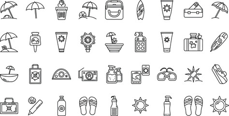 Vector art of a set of summer and beach themed icons isolated on white background, including umbrellas, sunscreen, surfboards, and sunglasses, representing vacation and relaxation