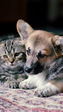 Scottish Fold Cat and Corgi Puppy Snuggle Together on Patterned Rug in Soft Lighting