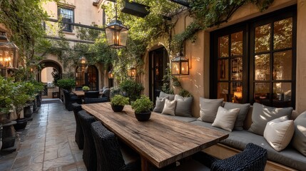 Fototapeta premium Enchanting courtyard dining scene showcasing rustic charm and tranquil ambiance