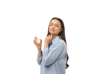 Woman applies perfume, savoring peace, isolated on white, PNG