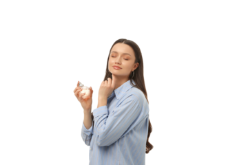 Woman applies perfume, savoring peace, isolated on white, PNG