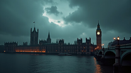 Fototapeta premium Iconic london landmark illuminated under dramatic cloudy sky parliament river