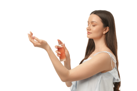 Woman enjoys applying fragrance to her wrist, isolated on white, PNG