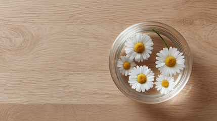 Obraz premium Floating camomile flowers in clear glass bowl filled with water on wooden surface create natural and calming atmosphere with soft lighting and delicate petals