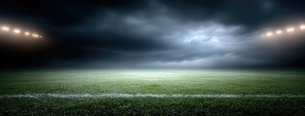 Exciting soccer match at a lively stadium with fans cheering and bright lights illuminating the grass field in the background