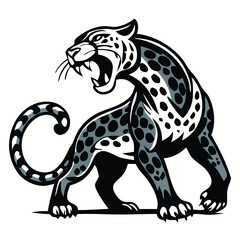 Obraz premium A black and grey jaguar roars fiercely while it stands on its paws