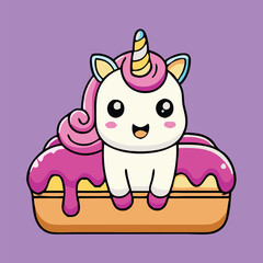 A charming unicorn sits on a doughnut, with a cheerful expression, against a purple backdrop