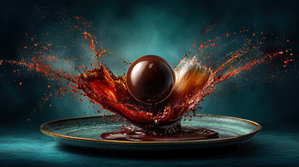 exploding_chocolate_dessert_with_liquid_splash_on_plate