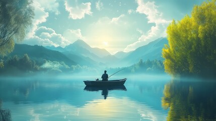 A fisherman in a boat on a serene lake surrounded by nature