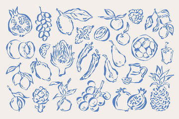 Coastal living hand drawn illustration collection. Food and beverage doodles. Art for postcards, menu, print posters, packaging design.