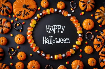 Flat lay of Halloween candy circle with Happy Halloween 2025 text