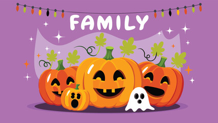 Illustration of pumpkins and a ghost with the word family above them on a purple background