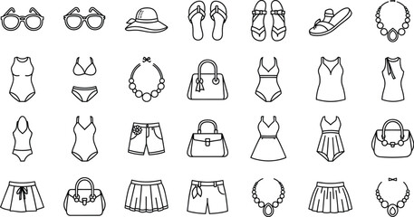 Vector art of a collection of summer fashion and beachwear icons isolated on white background represents the essence of vacation style and trendy apparel