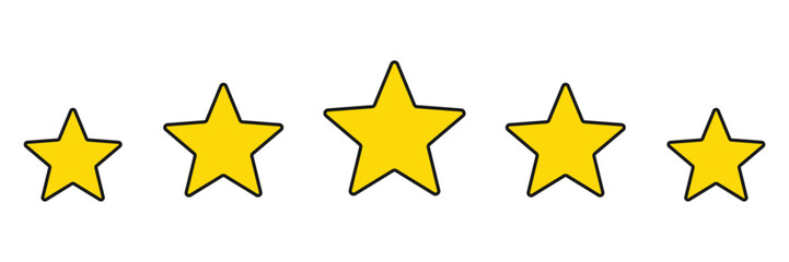 Functional interface element: five yellow stars on a white background. Vector illustration: rating button with five yellow stars. White background, focus on feedback