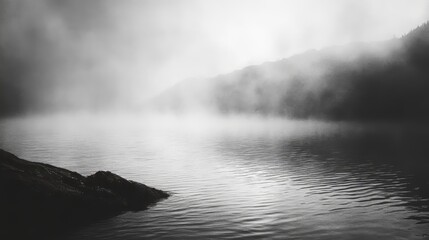 A foggy lake at sunrise, with the mist rising off the surface