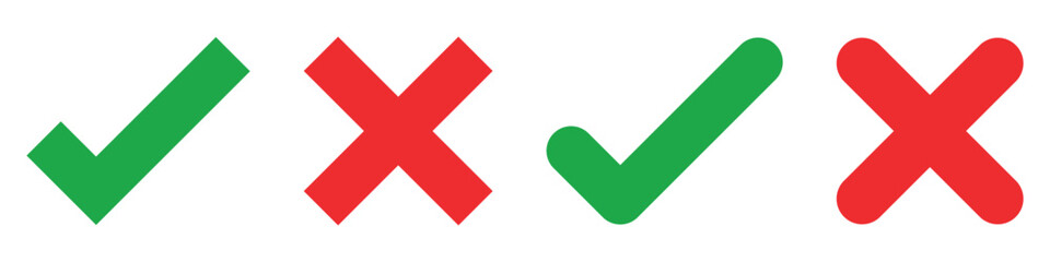 Sharp green checkmark and red cross on isolated white background vector symbol for right and wrong choices. Modern flat design, Checkmark icon set. Checkmark right symbol tick sign 