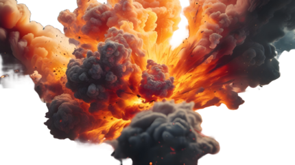 High-resolution explosion with swirling smoke and flame particles in vibrant orange, red, and yellow hues—isolated on a transparent background, perfect for gaming or action designs.

