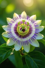 Passionflower close-up with vivid purple and white filaments, radial symmetry and green leaves in soft natural light. For botanical books, wellness branding, product packaging, and eco campaigns.
