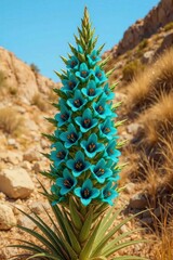 Puya berteroniana in full bloom with vibrant turquoise flowers in rocky desert terrain. For nature posters, desert flora guides, eco-tourism ads, or botanical books.