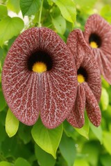 Aristolochia gigantea flower with red speckled petals and a yellow center stands out against the lush green foliage. Great for botanical reference books, nature posters and eco-advertisements.