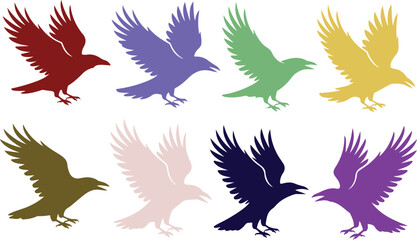 Collection of eight stylized bird silhouettes in various colors isolated on transparent background