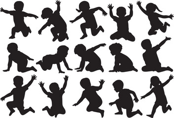 Collection of silhouettes of children in various playful poses isolated on transparent background silhouette