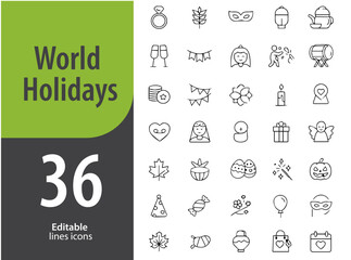 World Holidays Line Icons, Christmas, Eid, Diwali, Hanukkah, Chinese New Year, Editable Formats: AI, EPS, PNG, Ideal for Both UI and Print Media Use
