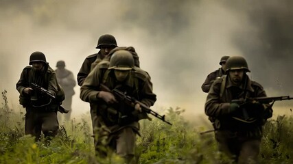 Ultra HD Armed soldiers in the front line video soldier's march to the forward video armed soldiers patrolling video infantry soldiers attacking video footage - Powered by Adobe