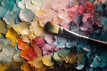 Fototapeta premium Colorful paint palette with brush resting on vibrant textured oils and thick pigments